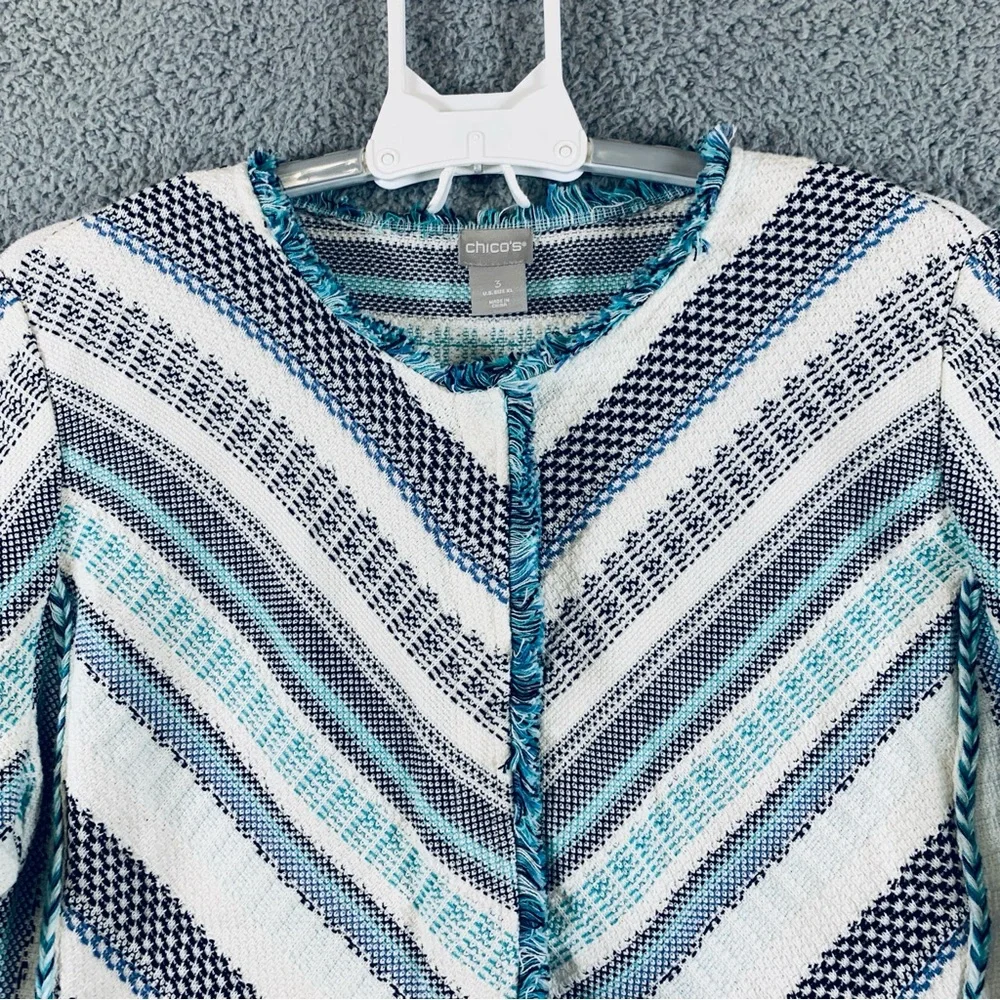 Chico's Sweater Jacket Women's 3 Long‎ Sleeve Snap Fringe Trim Cotton Multicolor